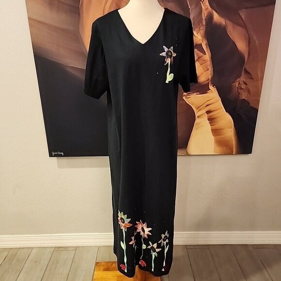 Vintage KARLA MARIE BLACK Casual T-shirt Dress PM Petite Medium Sun Flowers - Picture 1 of 5